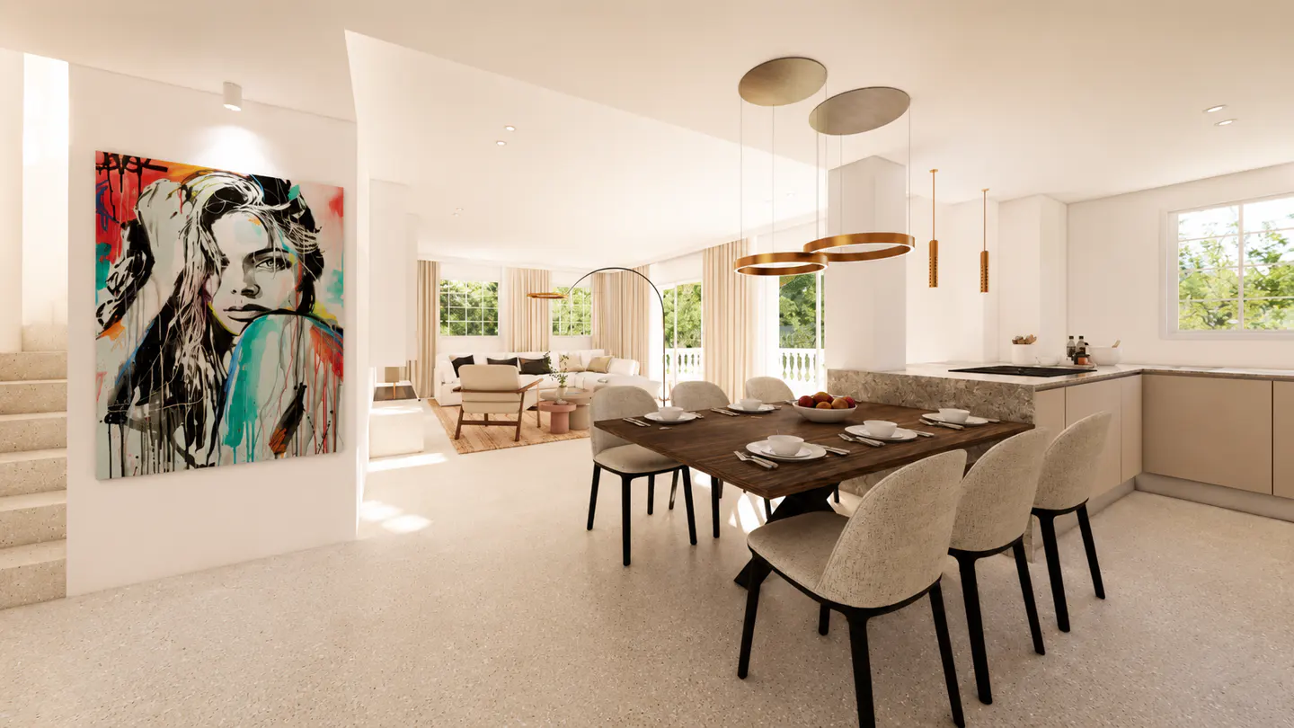 Bright, open-concept home interior with a dining table set for six, modern lighting, and a colorful portrait on the wall.