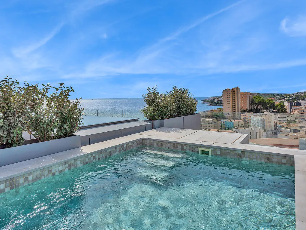 Rooftop pool with turquoise water, gray tile trim, and potted plants. Ocean and city views under a blue sky.