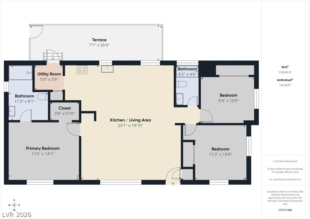 Floor plan of a house with a terrace, kitchen/living area, utility room, closet, two bathrooms, and three bedrooms.