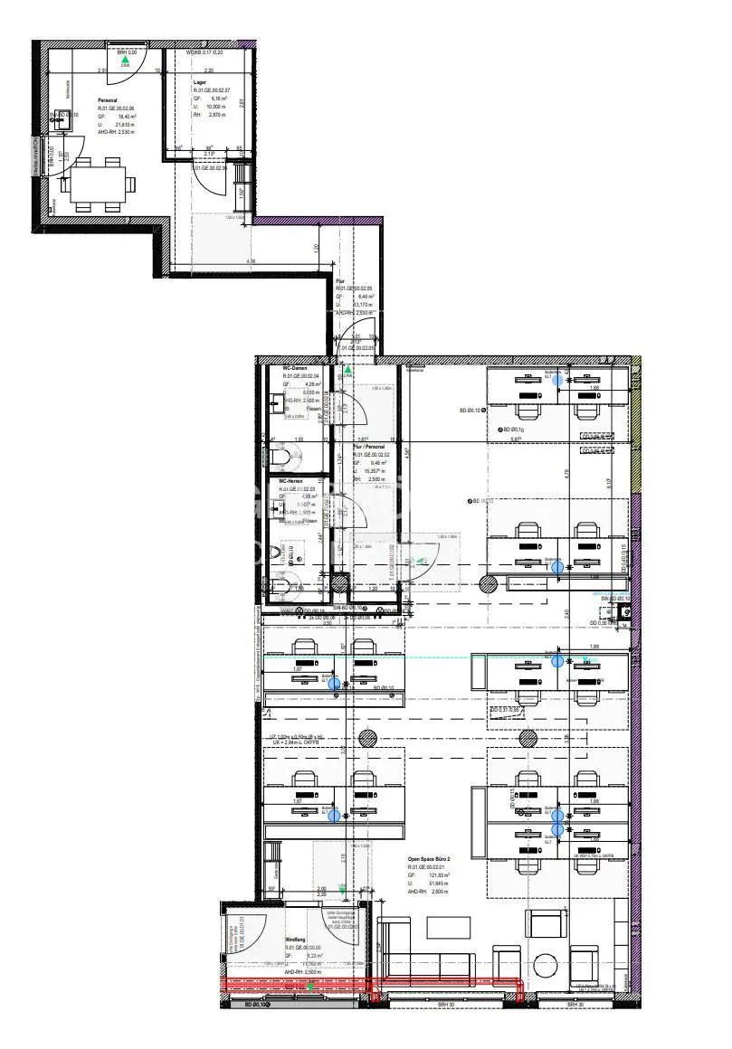 Blueprint of an office space with desks, chairs, and meeting rooms. The floor plan includes dimensions and layout details.