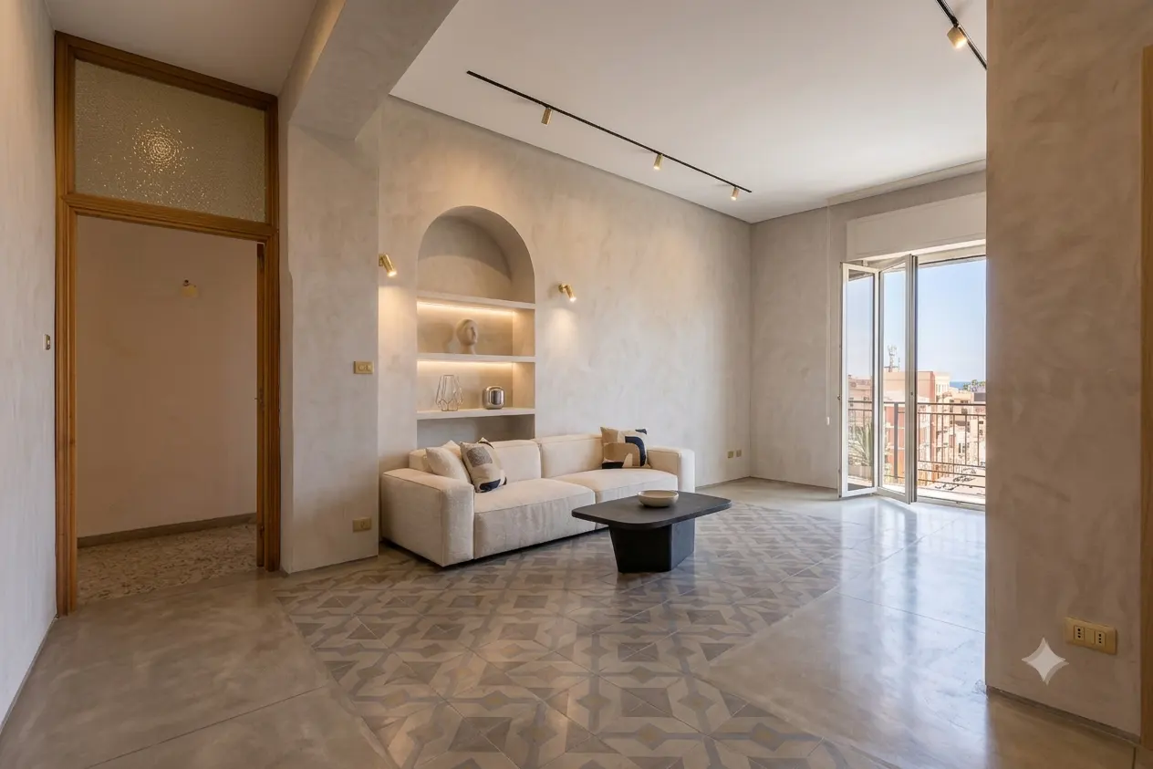 Modern living room with a white sofa, black coffee table, arched wall niche, and patterned tile floor leading to a balcony.