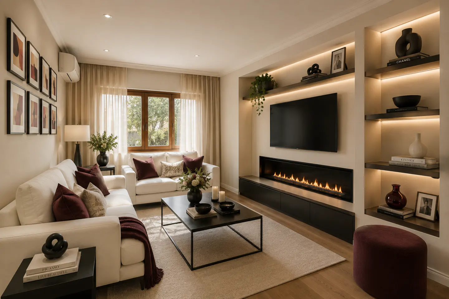 Bright living room with white sofas, maroon pillows, and a black coffee table. A fireplace and TV are built into the wall with lit shelves.