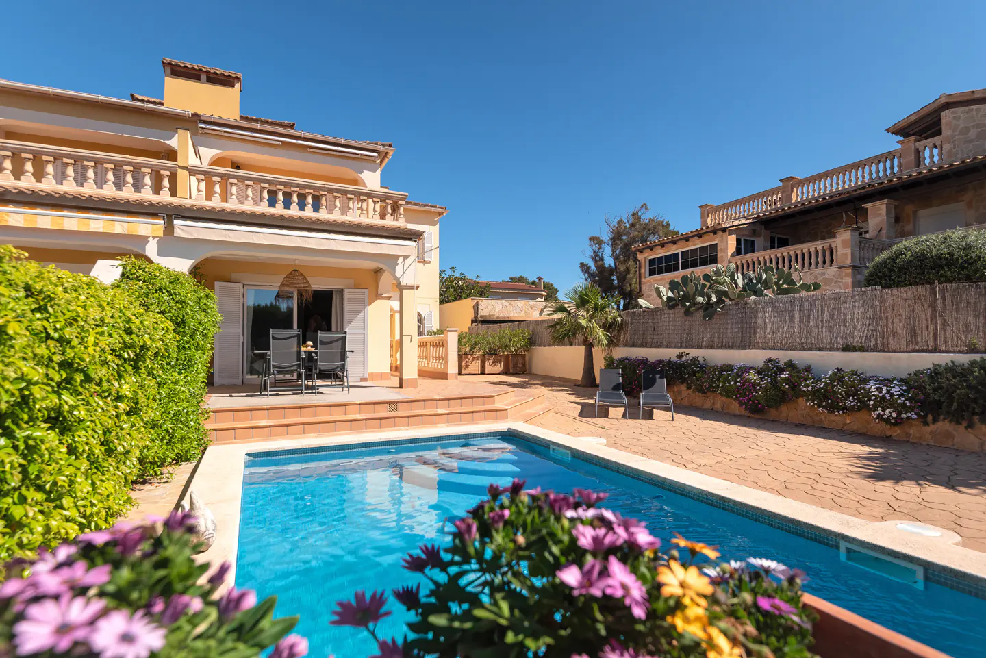 A sunny Mediterranean villa with a blue swimming pool, patio furniture, and vibrant purple flowers in the foreground.