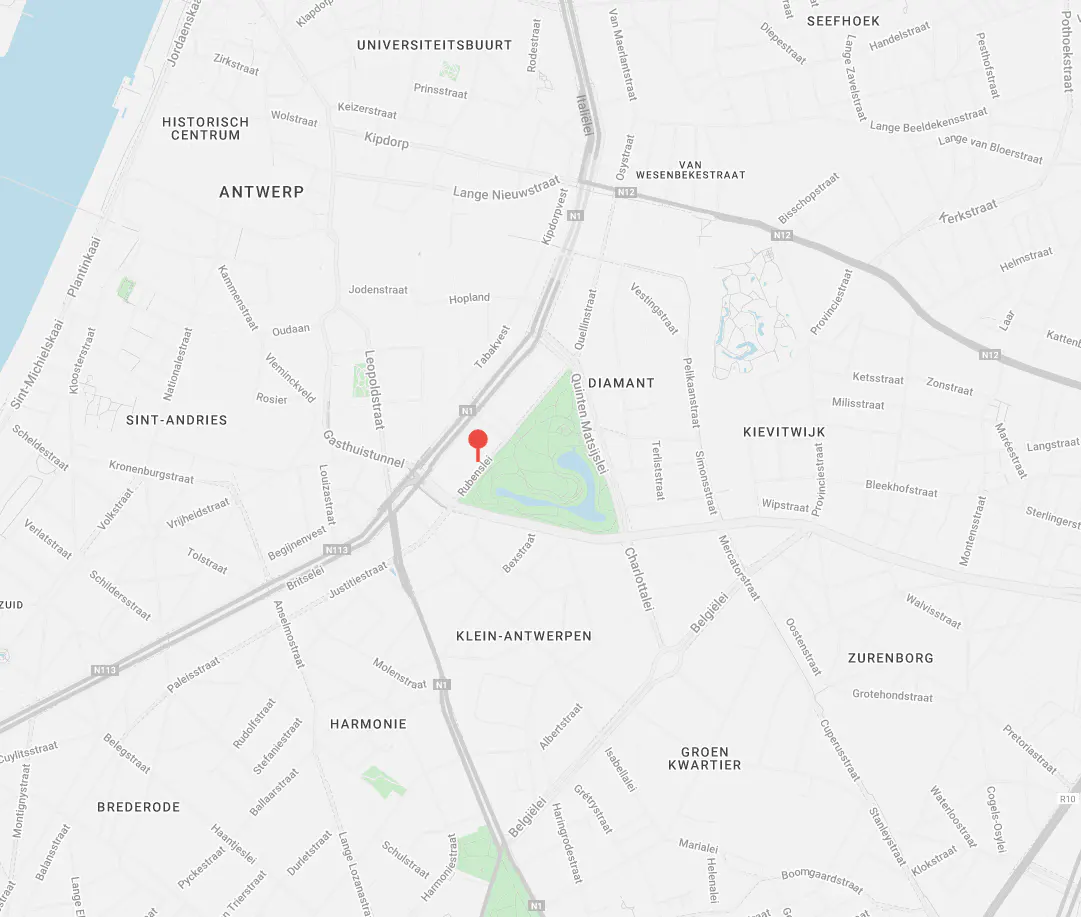 Map of Antwerp, Belgium, with a red marker indicating a location near the Rubenslei. Streets and neighborhoods are labeled in black text.