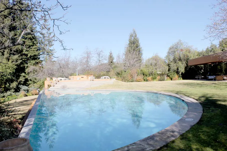 A kidney-shaped pool with light blue water is surrounded by a concrete edge and green grass. Trees and a building are in the background.