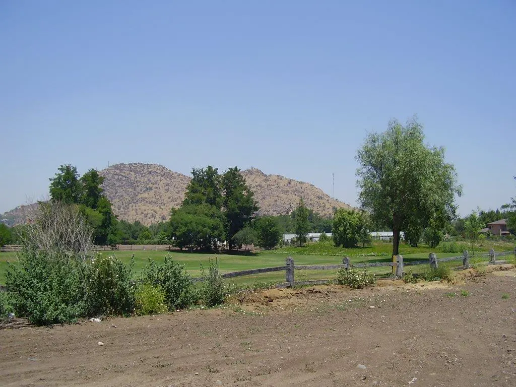 A landscape view of a green field with trees, a wooden fence, and a brown mountain under a clear blue sky.