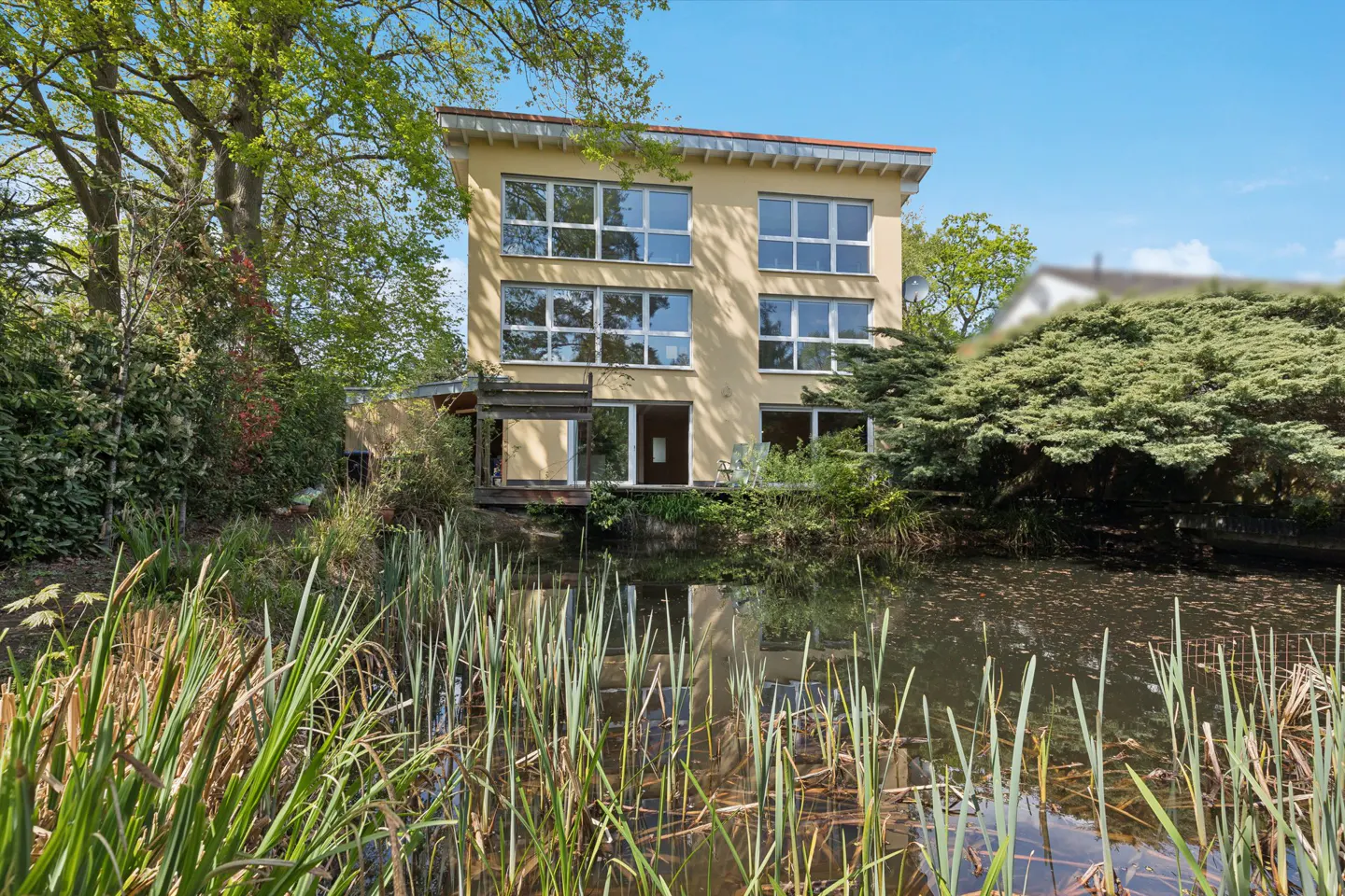 A three-story yellow house with large windows overlooks a pond with tall reeds.