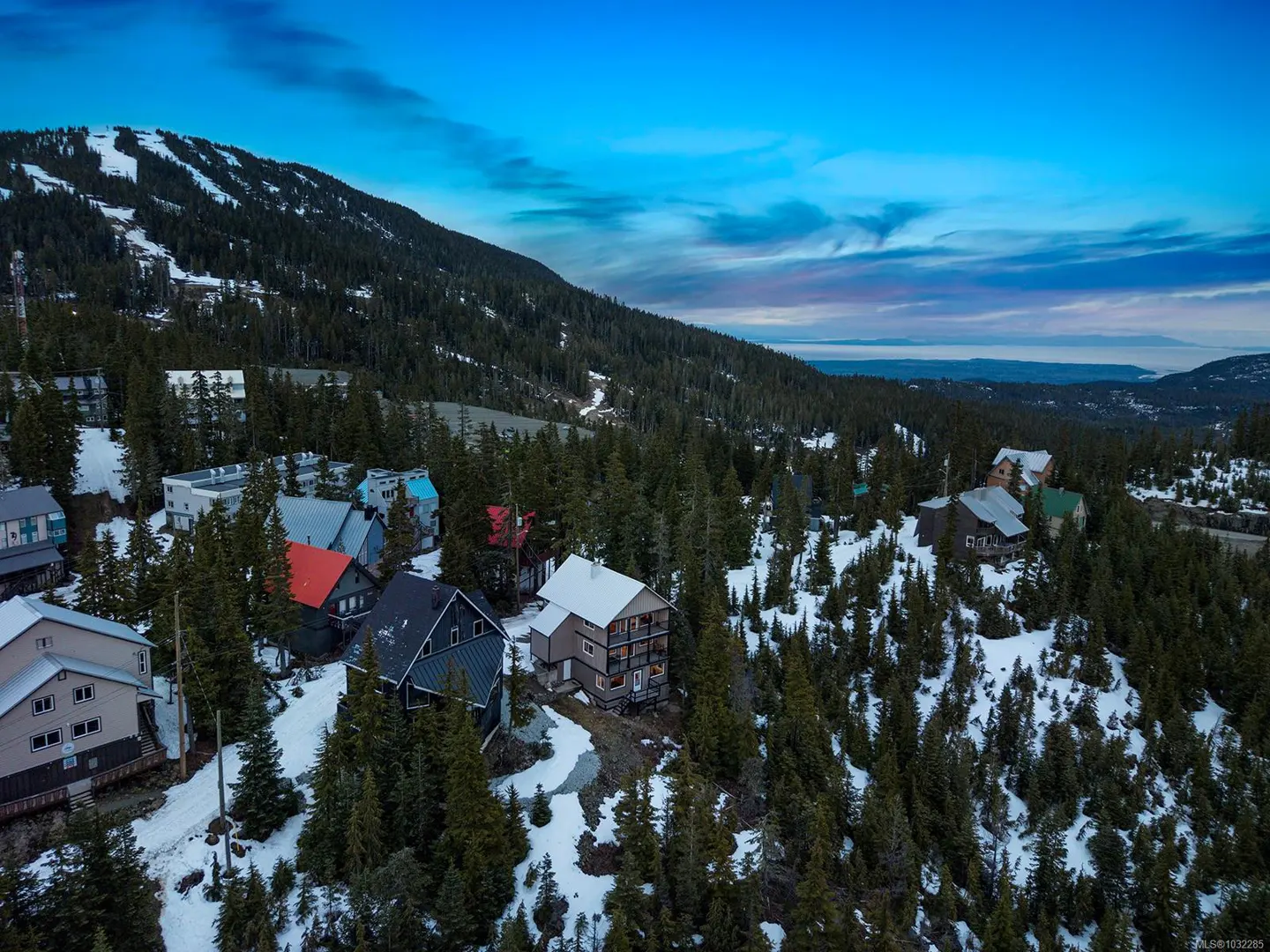Aerial view of mountain homes nestled among evergreen trees with a ski slope in the background under a blue sky.