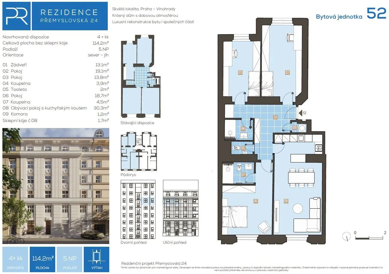 Floor plan for unit 52 in a building with a light-colored facade. The plan shows the layout of rooms, including bedrooms, bathrooms, and living areas.