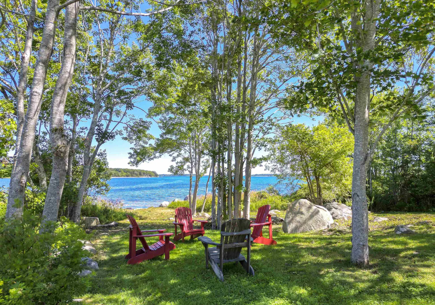 Four chairs, three red and one wooden, sit on a grassy lawn surrounded by trees, with a view of the blue ocean in the background.
