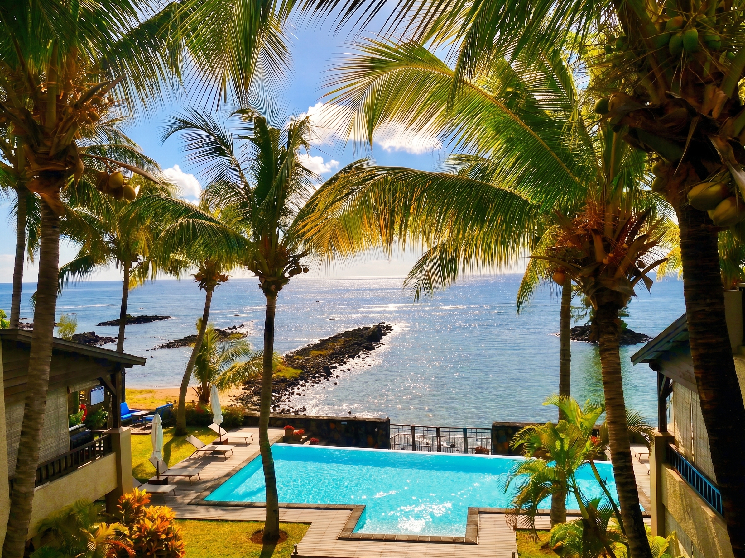 View of a turquoise pool and ocean framed by palm trees under a blue sky.