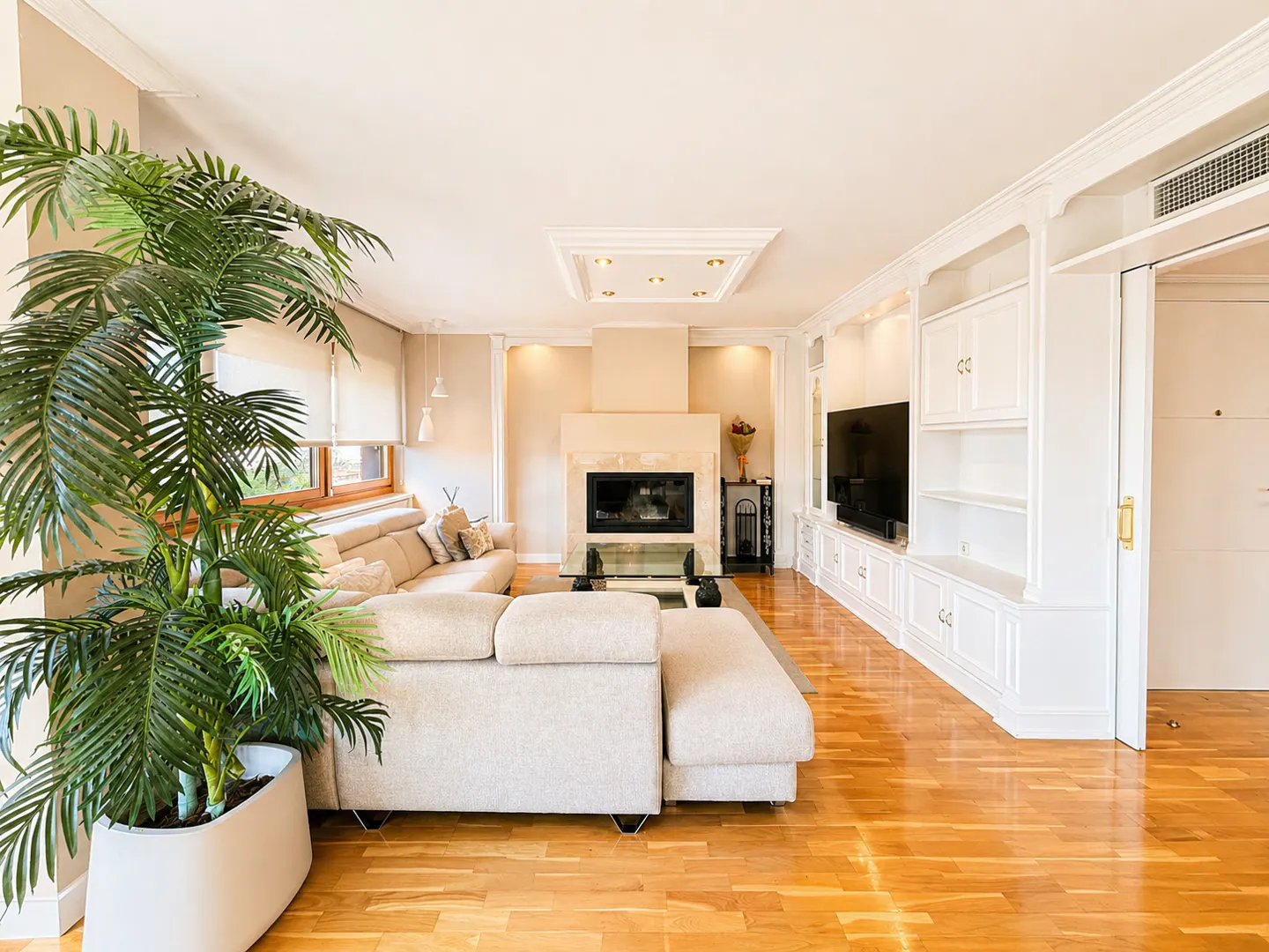 Bright living room with hardwood floors, a beige sectional sofa, a fireplace, and a large potted palm.