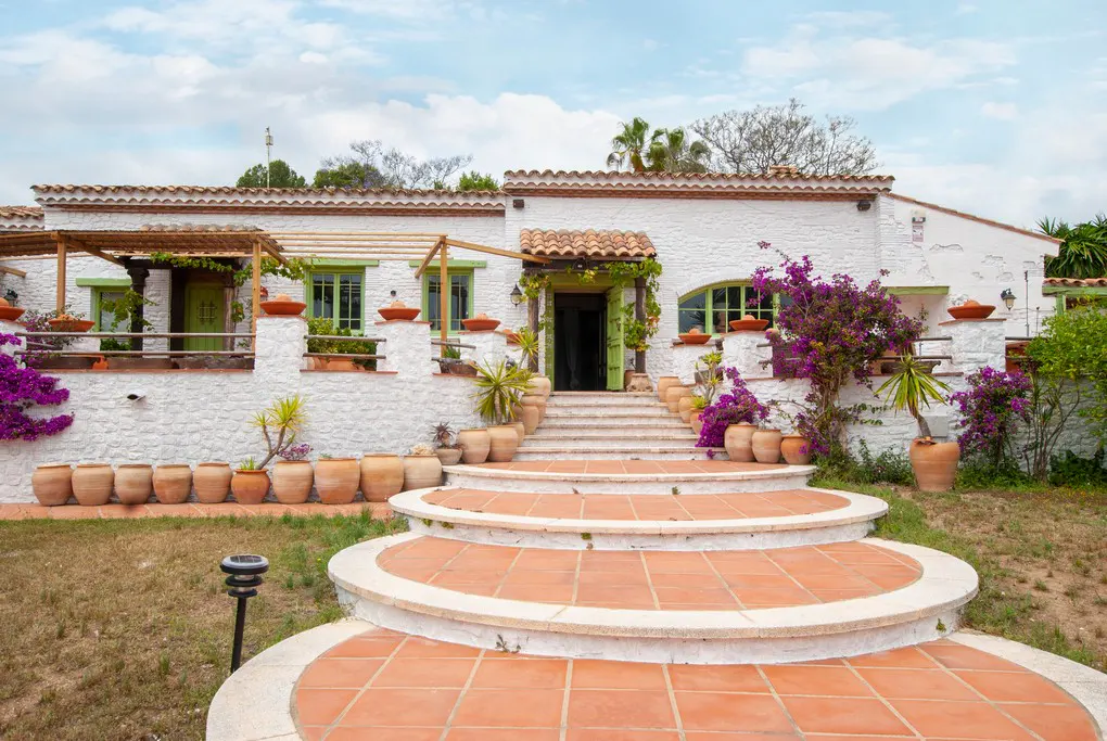 A white house with green trim and a red tile roof is accessed by curved steps lined with terracotta pots and purple flowers.