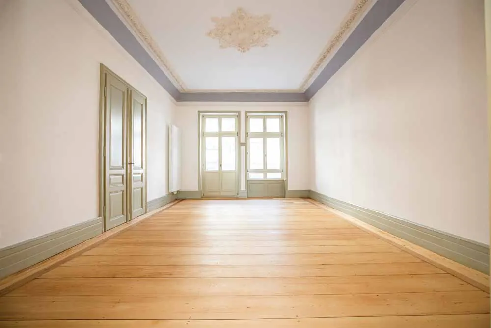 Empty room with light wood floors, white walls, sage green trim, and two tall windows under a decorative ceiling medallion.