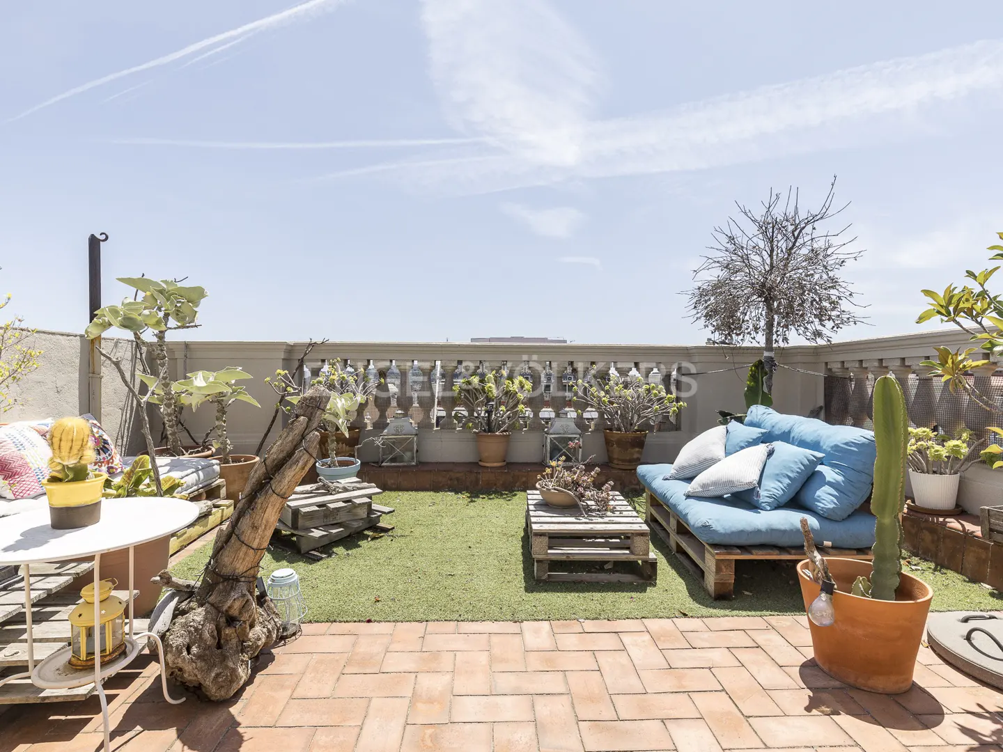 Sunny rooftop terrace with artificial grass, pallet furniture, blue cushions, potted plants, and a terracotta tiled floor.