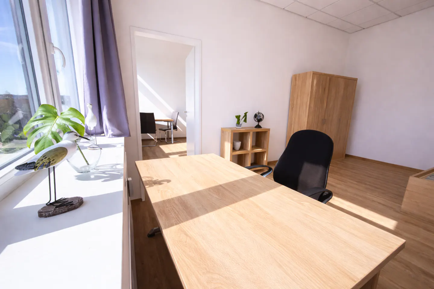Bright office space with a light wood desk, black chair, and a window with a bird figurine and plant.