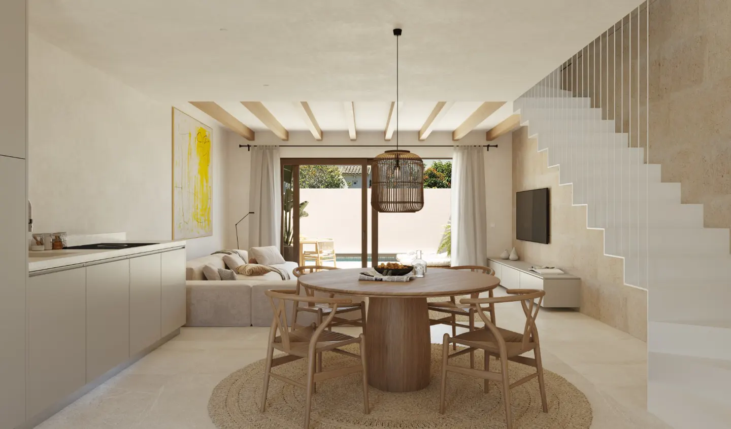 A bright, modern living space with a round wooden table and chairs on a jute rug, a beige sofa, and white stairs.