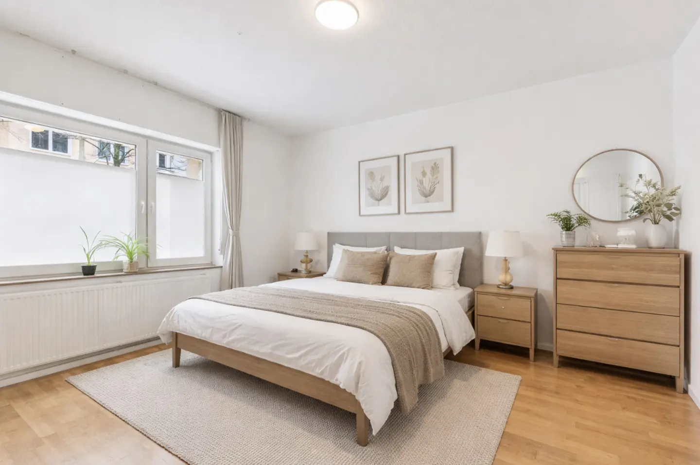 Bright bedroom with a wooden bed, white linens, beige throw, and matching pillows. Nightstands and a dresser flank the bed. Two framed prints hang above.