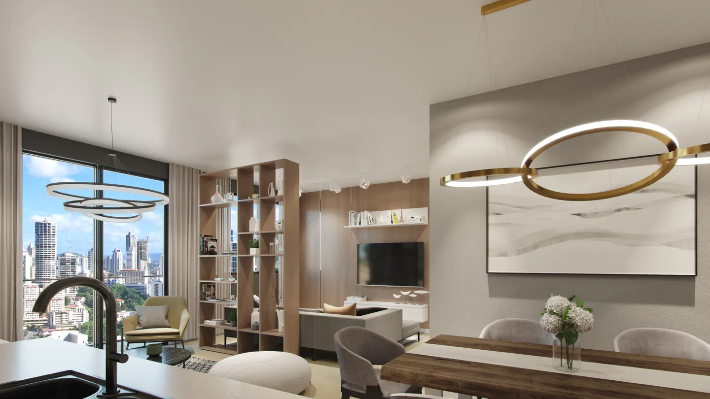 Open-concept living space with a kitchen island, dining table, and living room. Large windows offer a city view. Modern lighting fixtures.