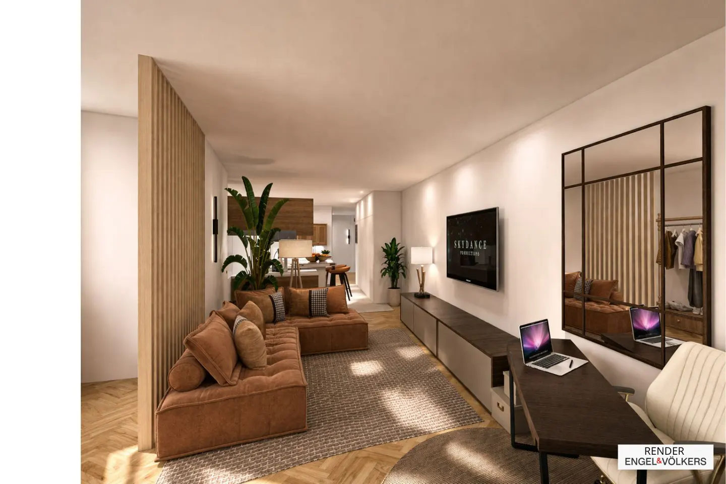 Living room with brown sectional sofa, desk with laptop, TV, and large mirror reflecting the room.