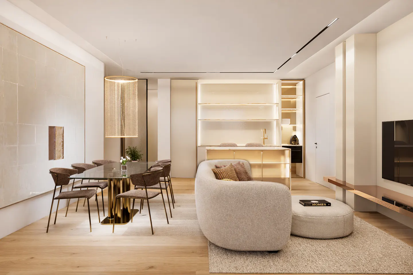 A modern living and dining area with light wood floors, a glass-top table with gold base, and a curved beige sofa.