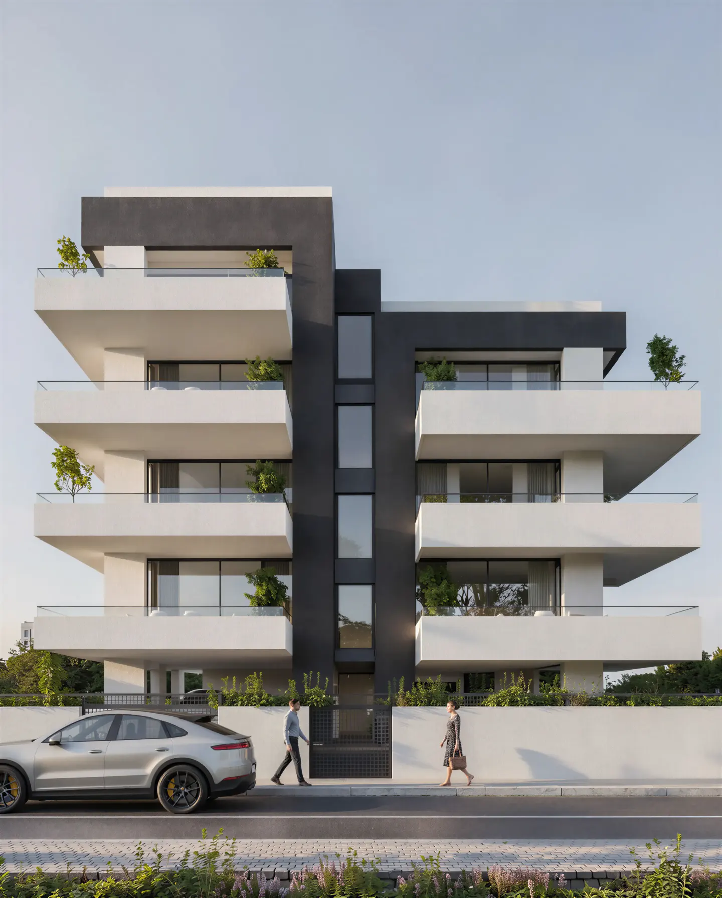 Modern apartment building with white balconies and a black central section. People walk on the sidewalk, and a silver car is parked nearby.