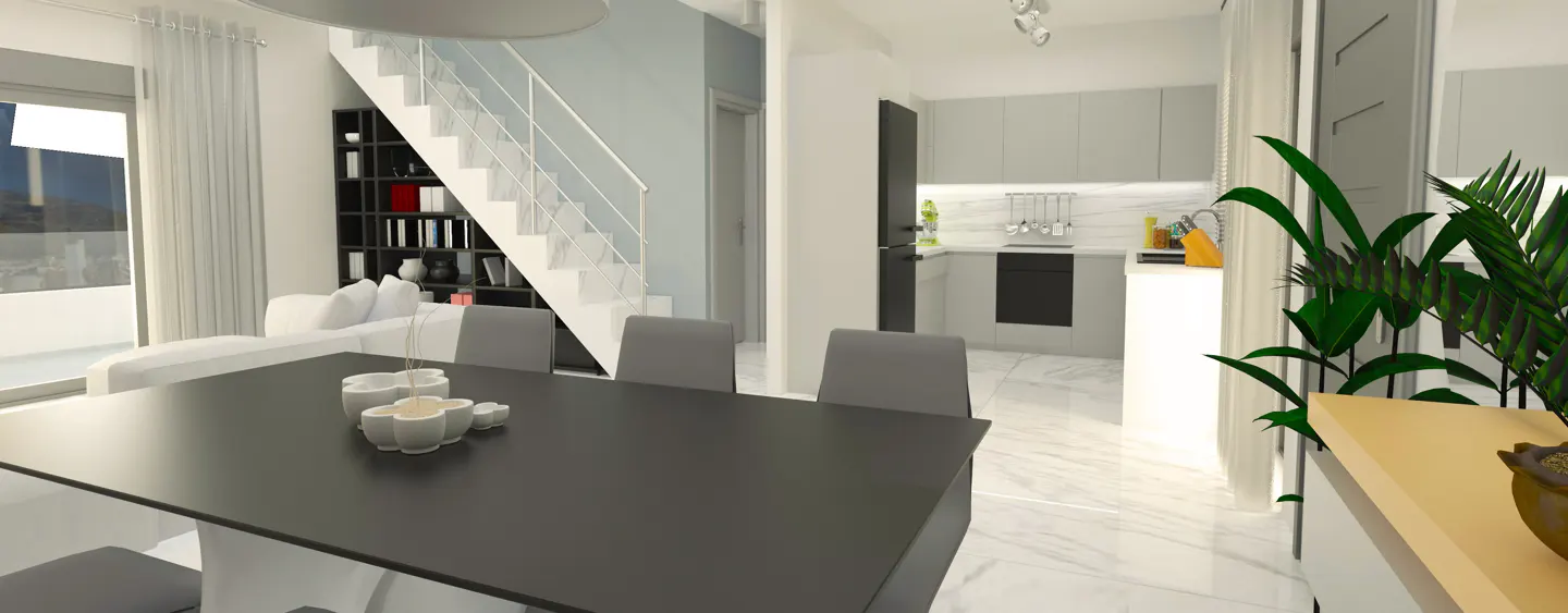 A modern home interior with a black dining table, grey chairs, and a white staircase. A kitchen is visible in the background.