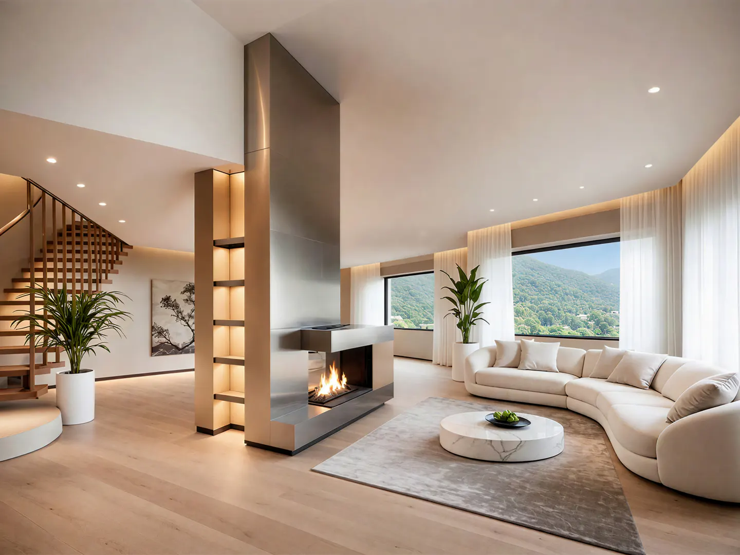 Bright, modern living room with a metal fireplace, white curved sofa, and large windows with a mountain view. Wooden stairs are on the left.