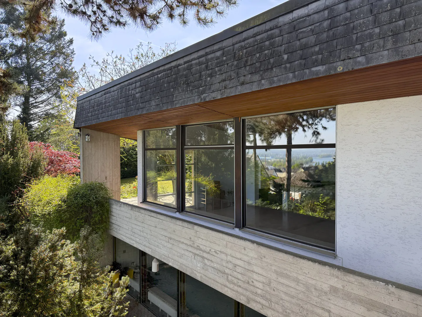 Exterior view of a modern home with large windows, a gray shingled roof, and lush green landscaping.