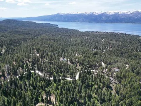 Aerial view of a dense green forest with a winding road, a blue lake, and snow-capped mountains in the background.
