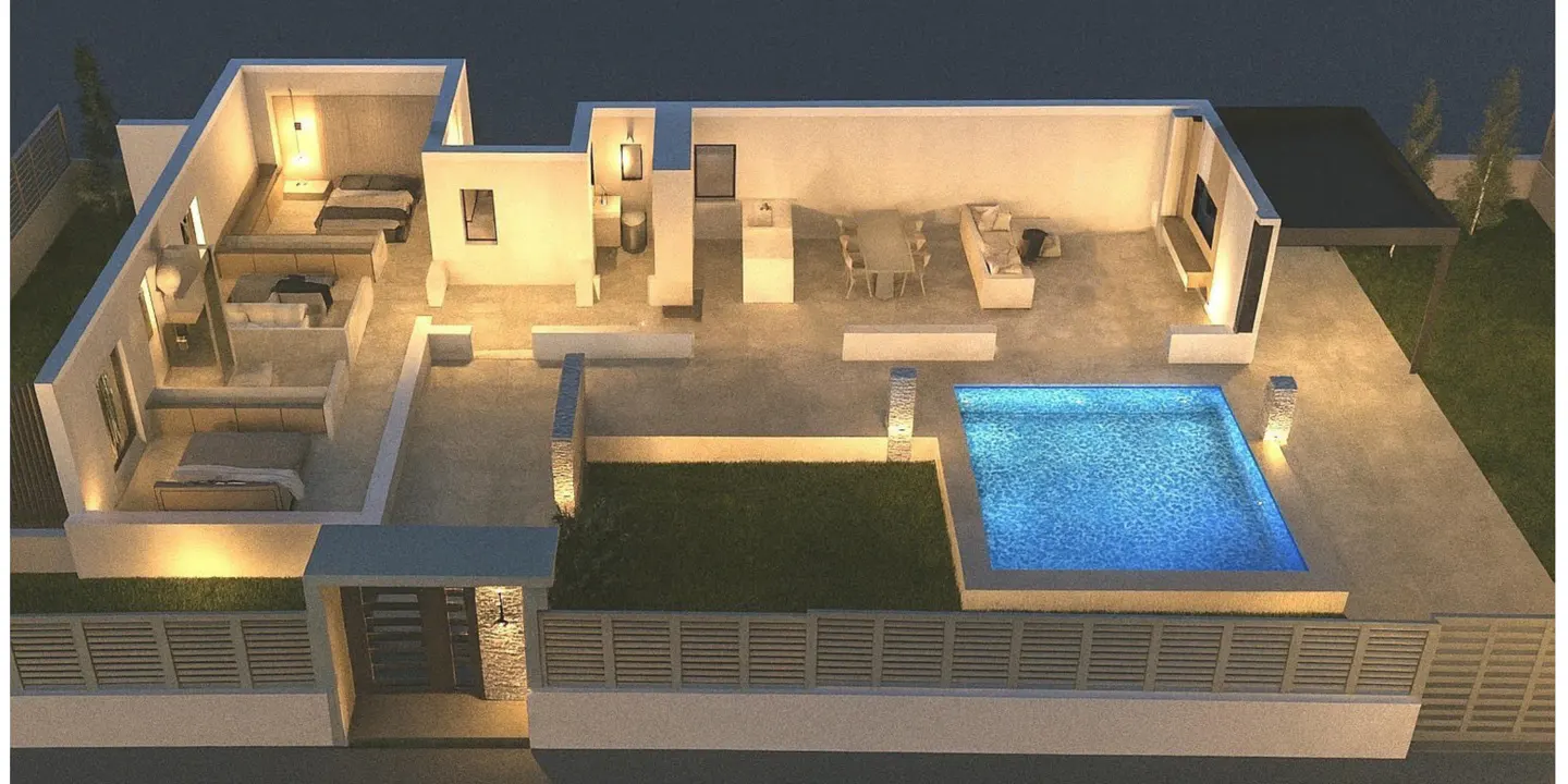 Aerial view of a modern house plan with three bedrooms, a pool, and an outdoor living area.
