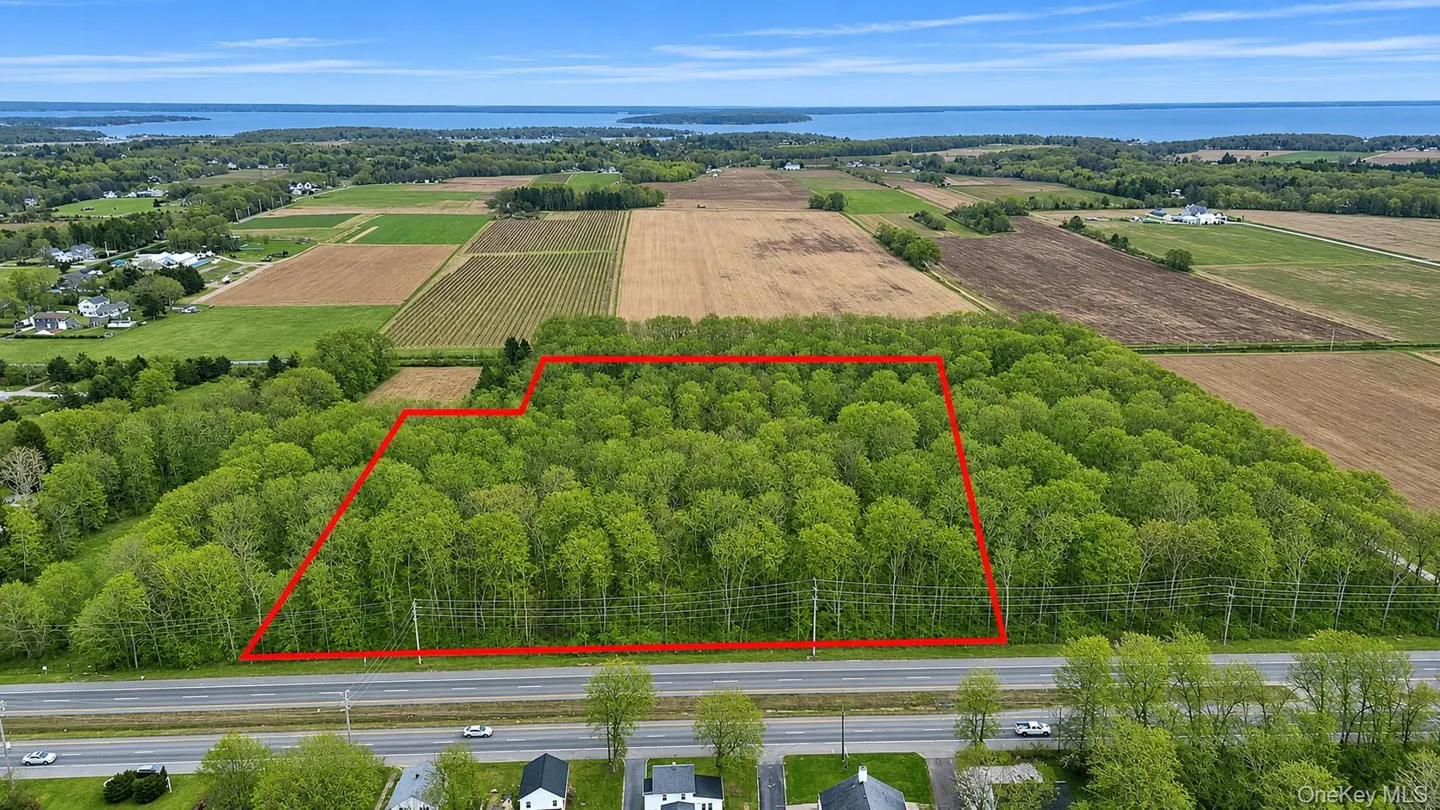 Aerial view of a wooded property outlined in red, near a road, with farmland and a body of water in the background.
