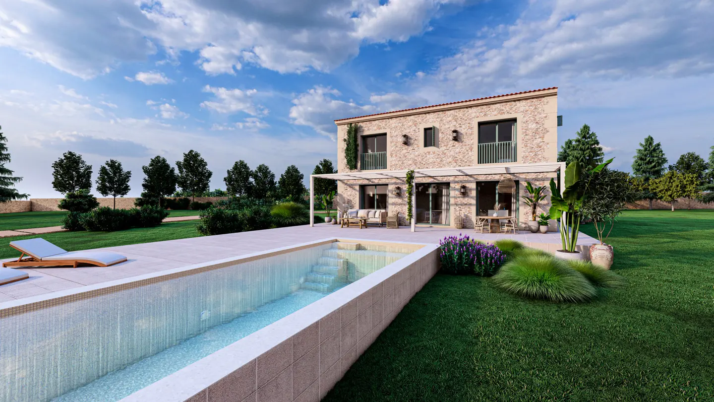 A stone villa with a pool, patio furniture, and lush green lawn under a blue sky with scattered clouds.