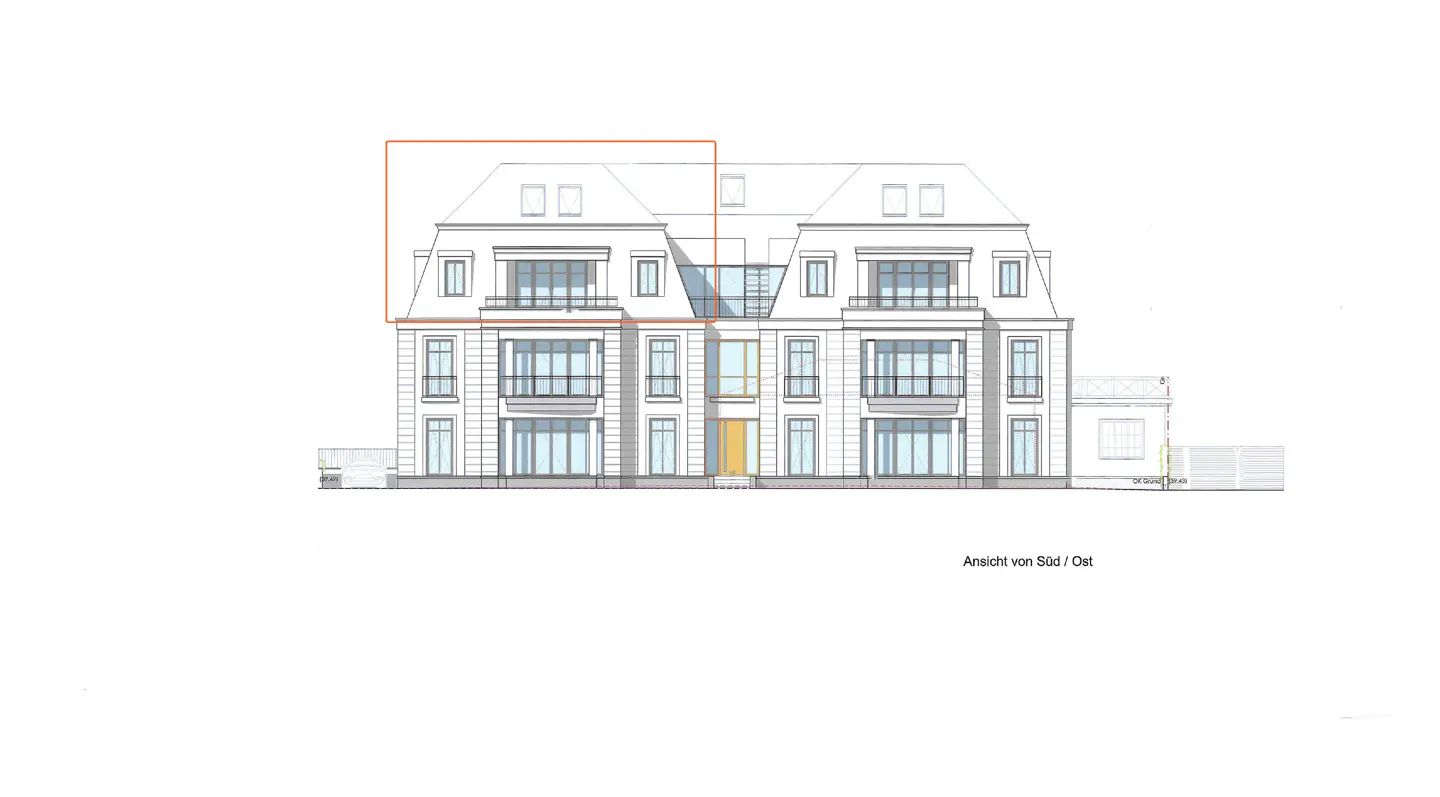 Architectural drawing of a symmetrical, multi-story building with balconies and a yellow door. An orange box highlights the left side.