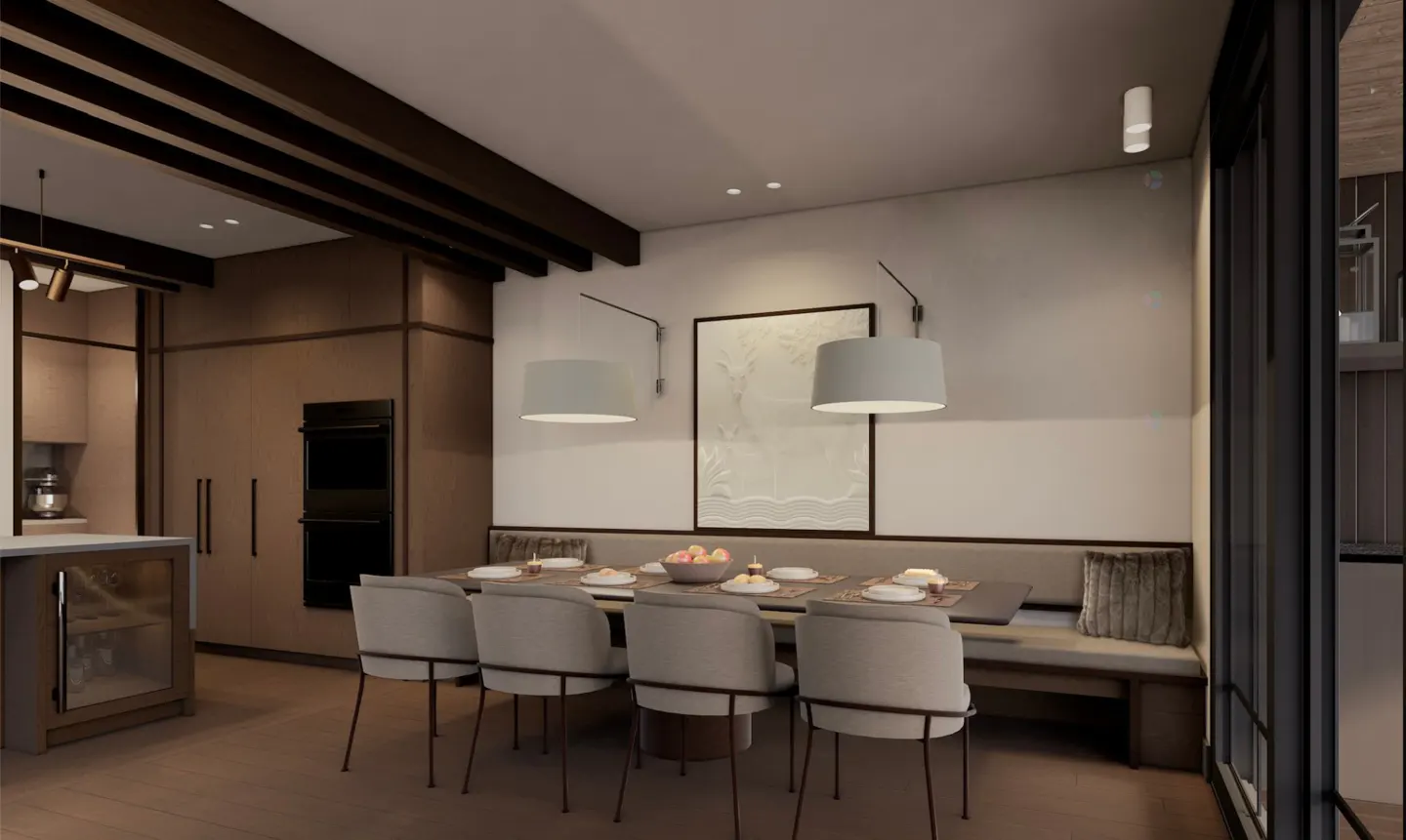 A modern dining room with a long table, six chairs, and built-in bench seating. Two pendant lights hang above the table.