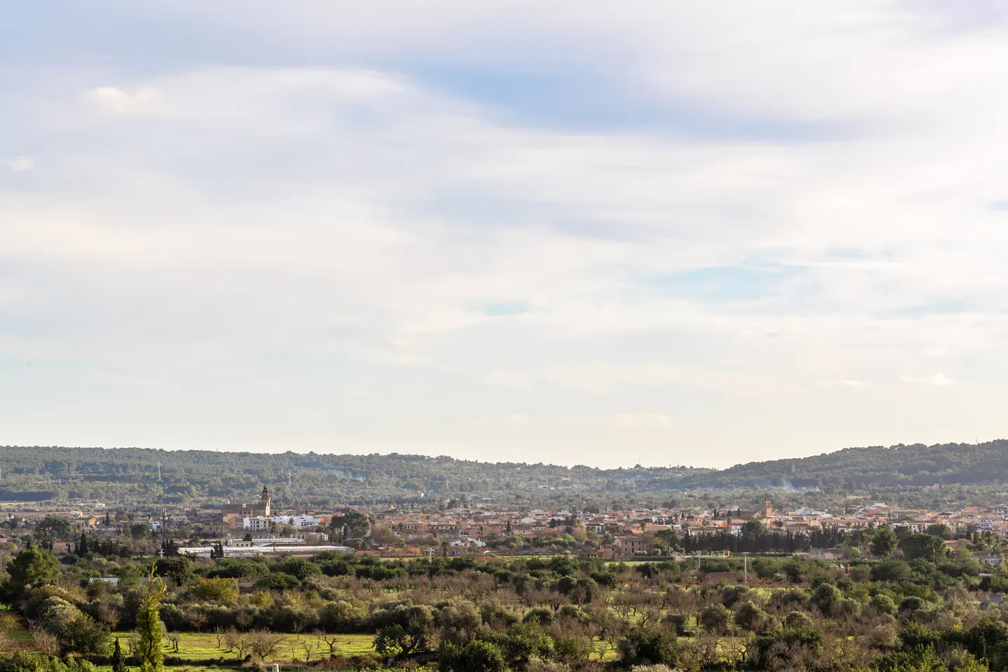 Distant view of a town with red-tiled roofs, a church steeple, and green trees under a cloudy sky.