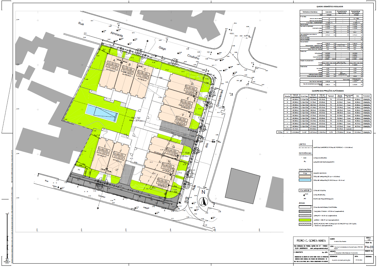 Architectural site plan showing building layout, green space, and a blue pool. Text and symbols provide details on the property. [AI-generated text]