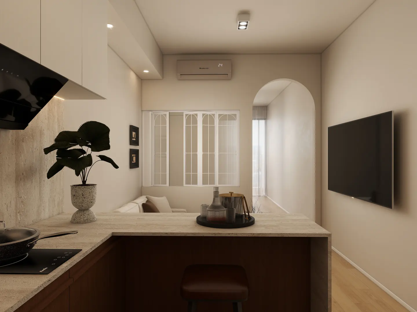 A modern apartment interior with a kitchen counter, a black TV, and an arched doorway. The color palette is neutral.