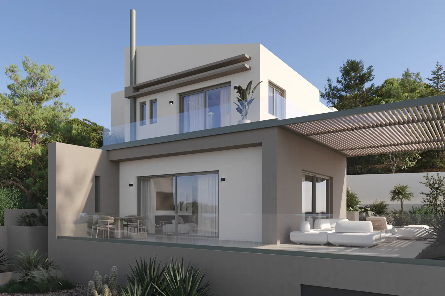 Two-story modern house with a pergola, glass railings, and outdoor seating areas. The house is surrounded by lush greenery.