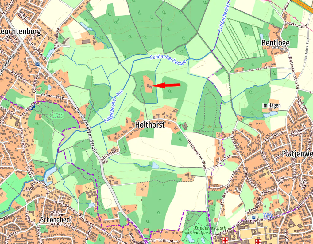 A map of the Holthorst area with a red arrow pointing to a specific property location north of the town center.