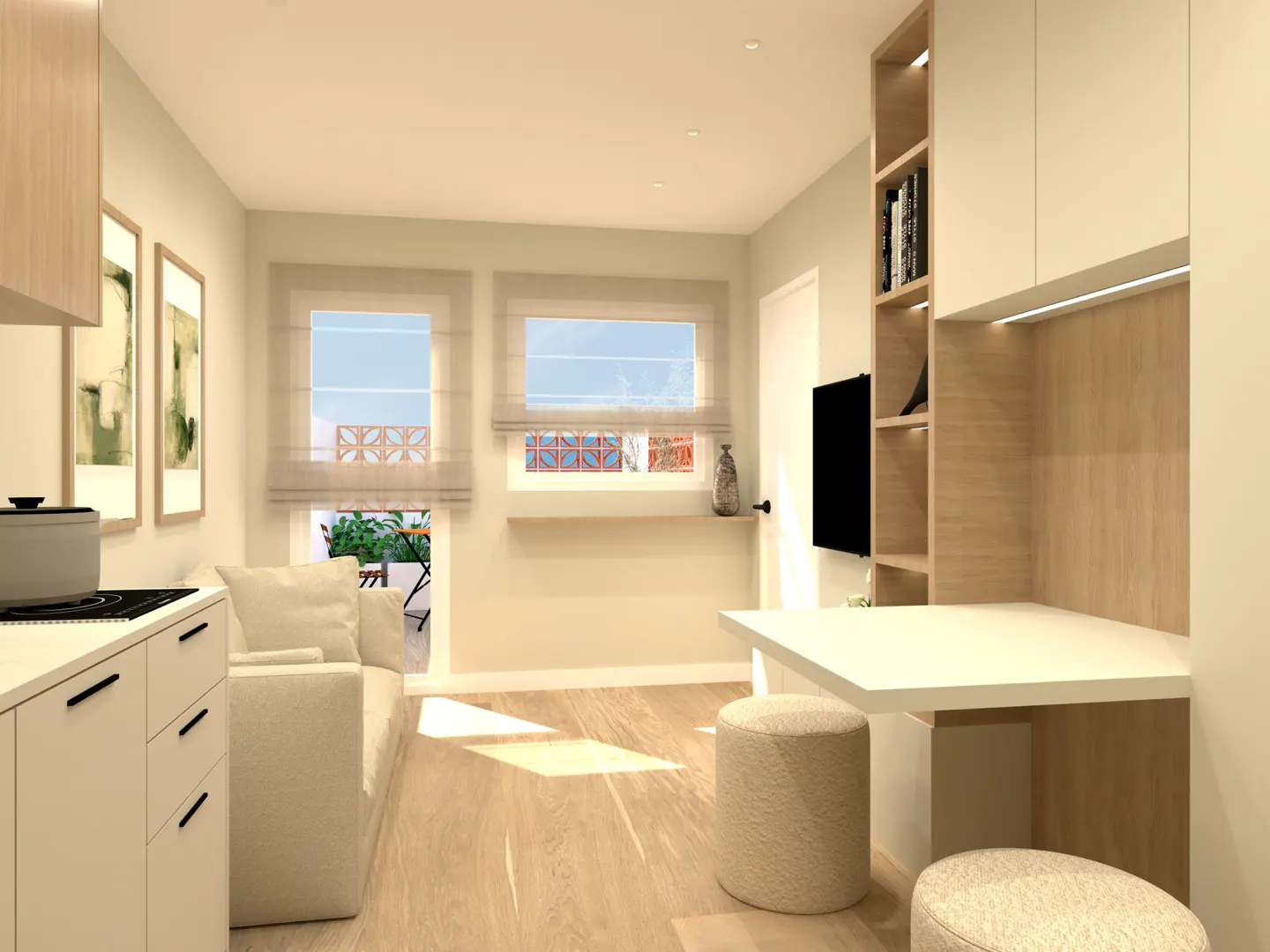 A bright studio apartment with a kitchen, sofa, desk, and balcony. The color scheme is light and neutral.