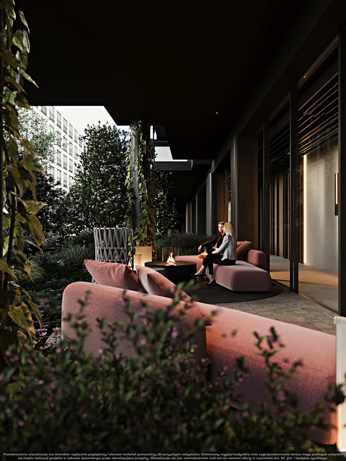 Couple sits on pink outdoor sofa by a fire pit on a patio. Lush greenery surrounds the space with a building visible in the background.