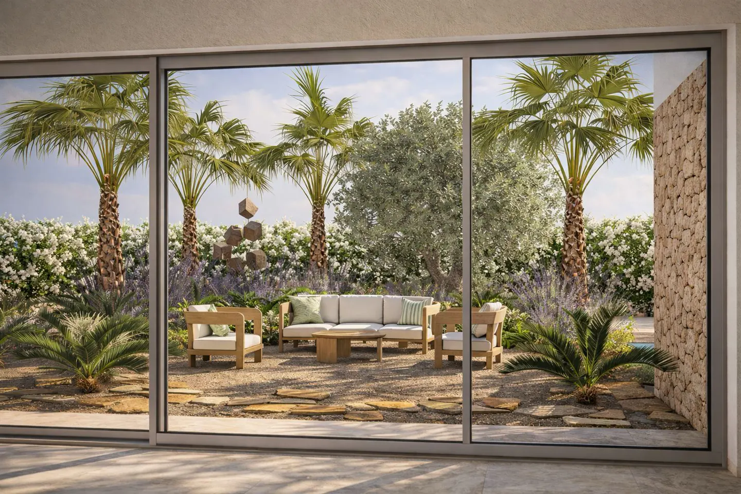 View through a glass door of a patio with light wood furniture, palm trees, and a stone wall in a lush garden setting.