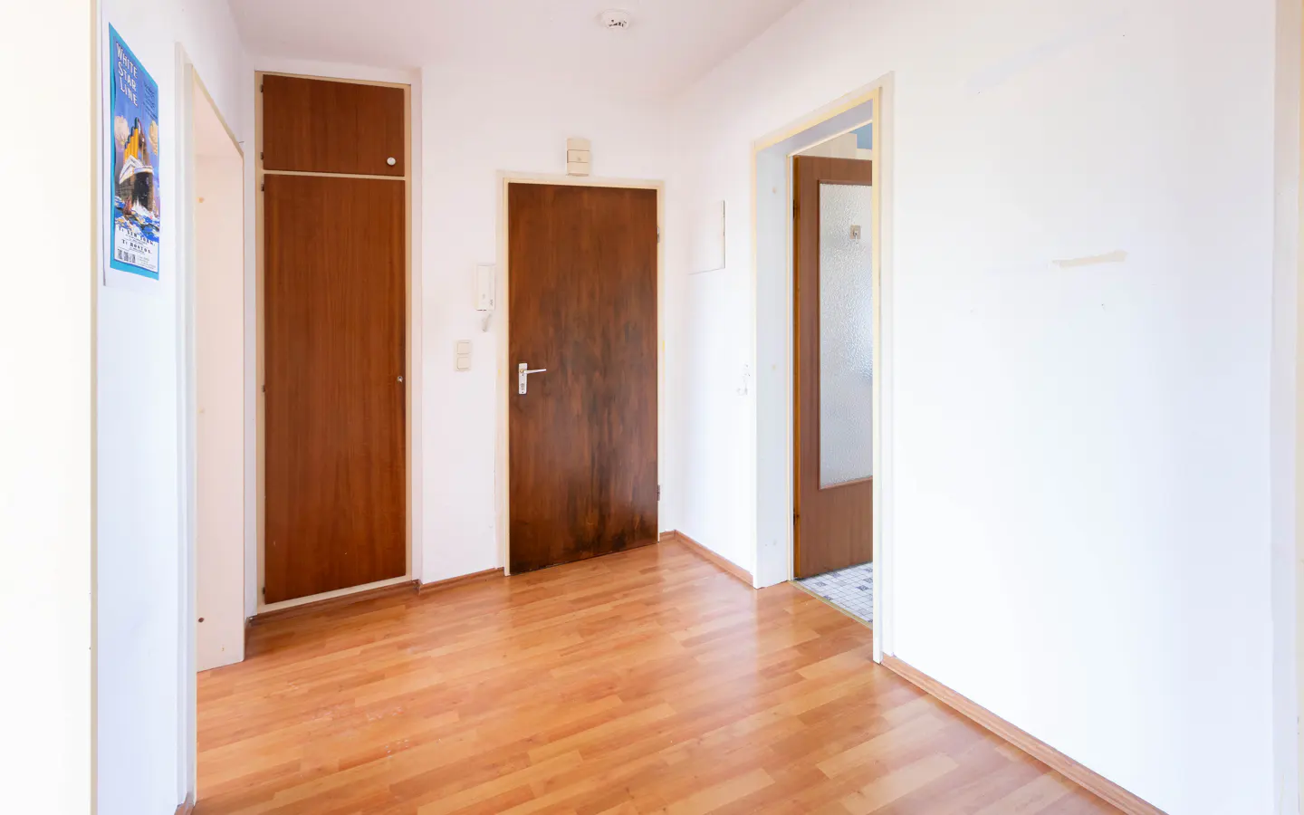 Hallway with wood floors, white walls, and brown doors. A poster hangs on the left wall.