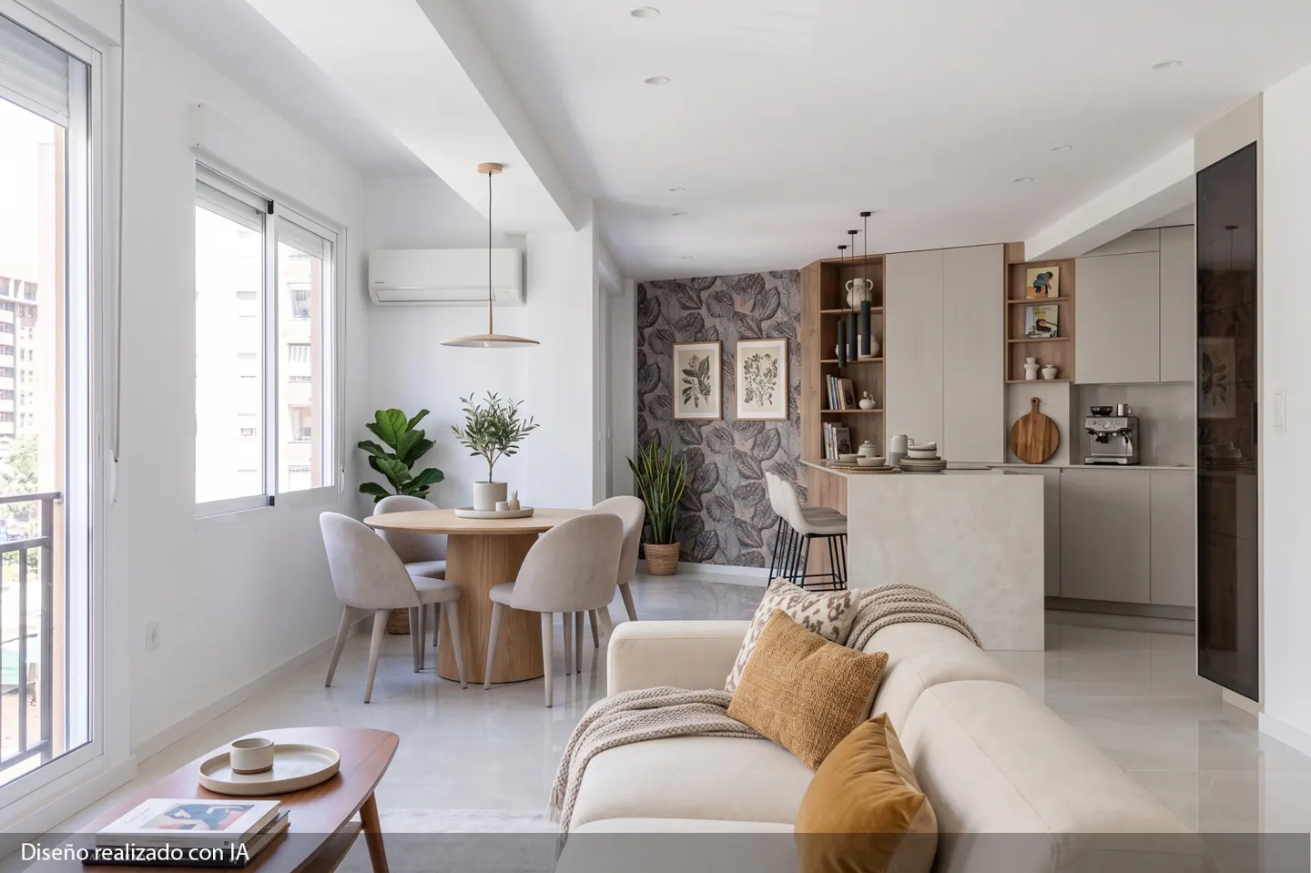 Modern open-plan apartment with a beige sofa, round wooden dining table, and a sleek kitchen with patterned wallpaper.