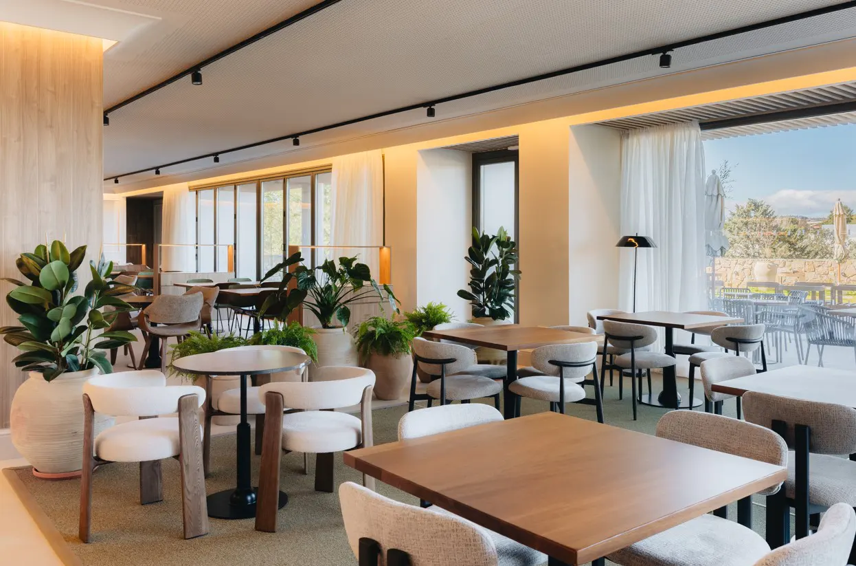 A bright, modern restaurant interior with wooden tables, upholstered chairs, and potted plants. Large windows offer outdoor views.