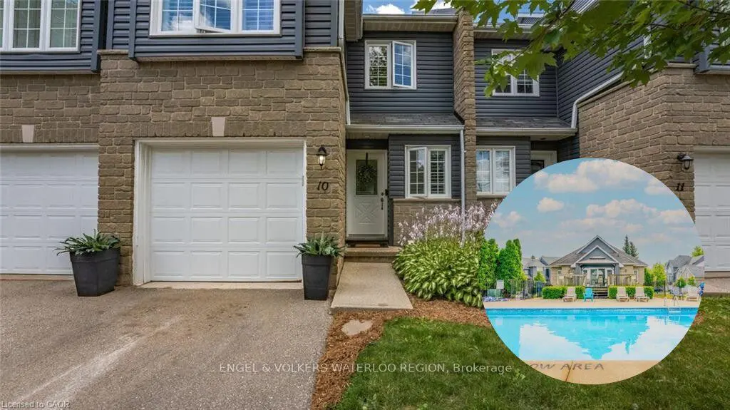 Exterior of a two-story townhouse with a white garage door and a white front door. A round inset shows a pool and clubhouse.