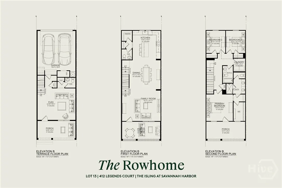 Floor plan for "The Rowhome" showing terrace, first, and second floor layouts with room names and dimensions.