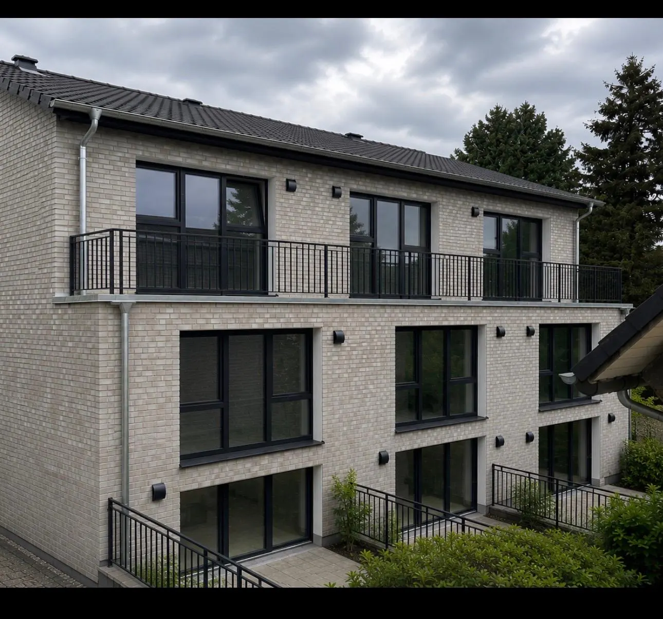 Modern two-story apartment building with light brick, black framed windows, and black metal balconies.