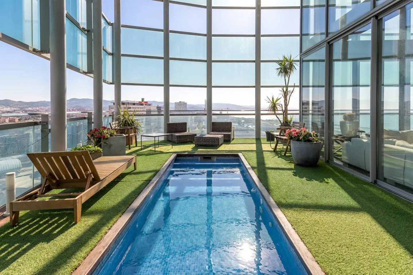 Rooftop terrace with a blue tiled pool, lounge chairs, and city views through glass walls.
